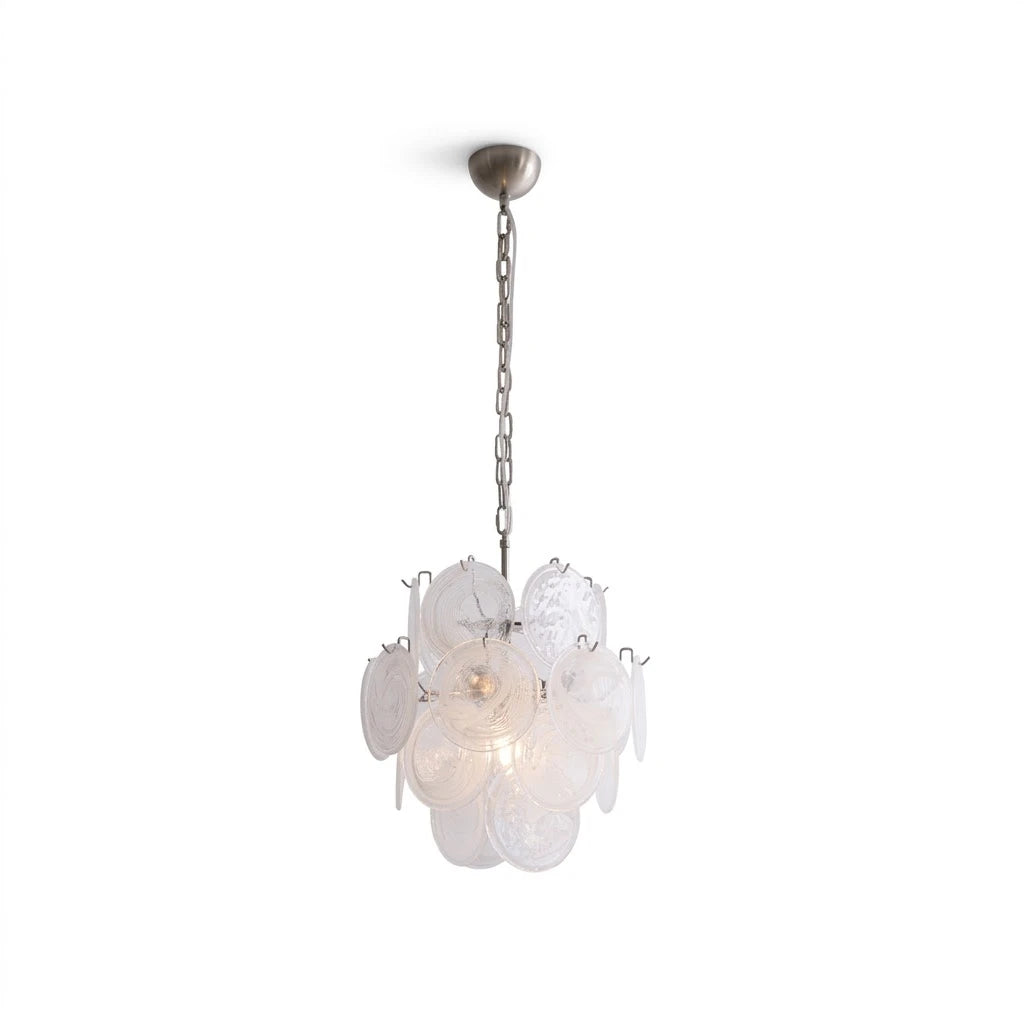 Modern Silver and White Disc Art Glass Chandelier with Silver Canopy on Pure White Background