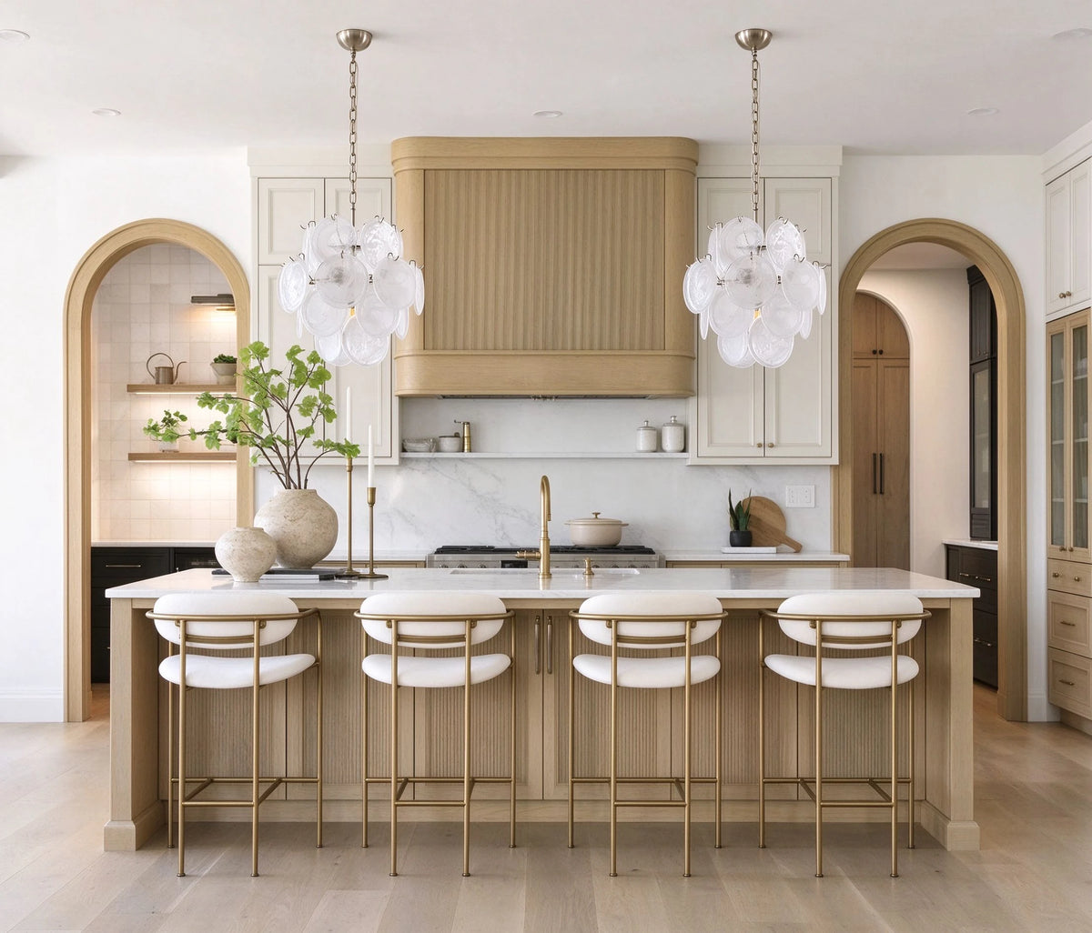 Modern White Disc Art Glass Chandeliers Over Kitchen Island