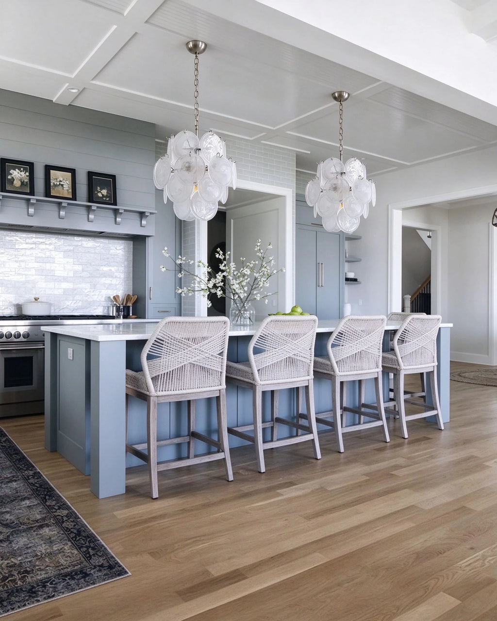 Modern White Disc Art Glass Chandeliers in Grand Dining Room