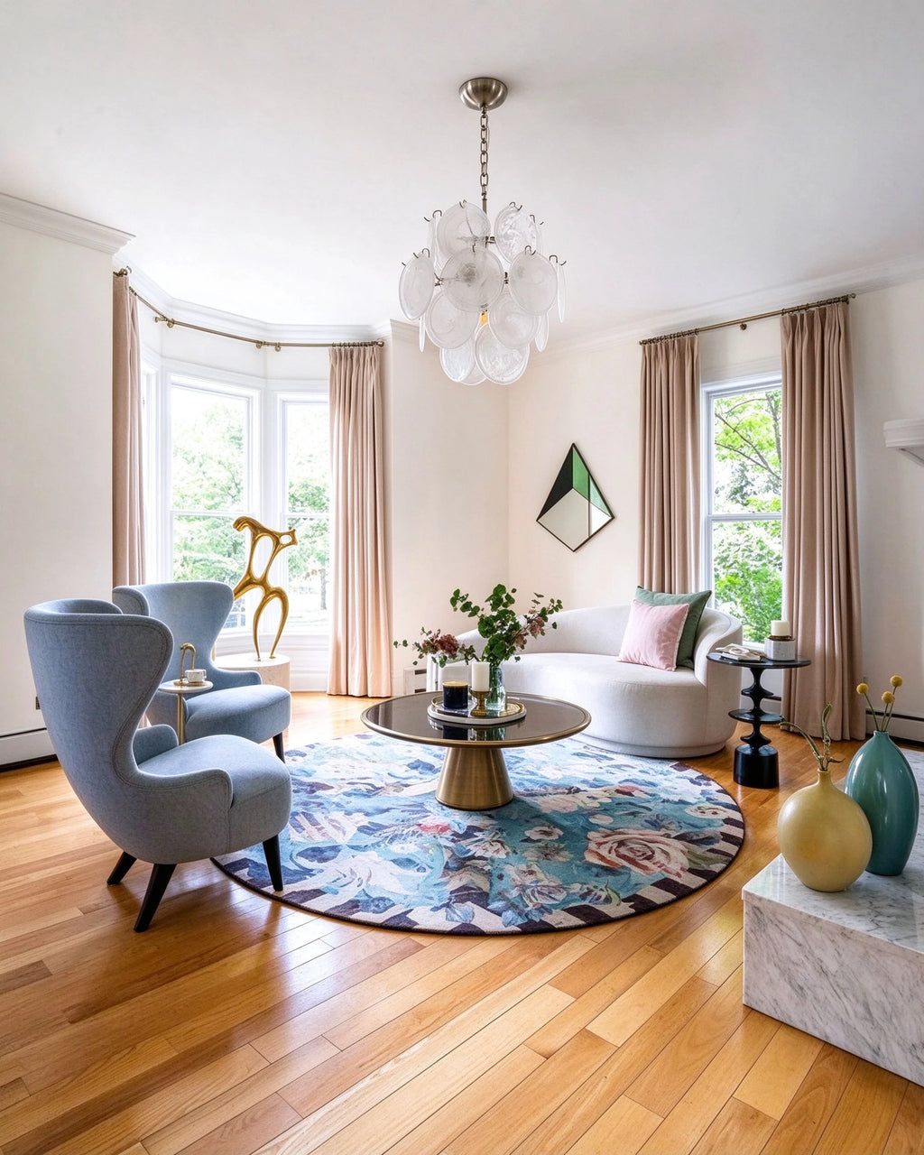 Modern White Disc Art Glass Chandelier in Bright Living Room