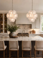 Illuminated Modern White Disc Art Glass Chandeliers in Kitchen Space