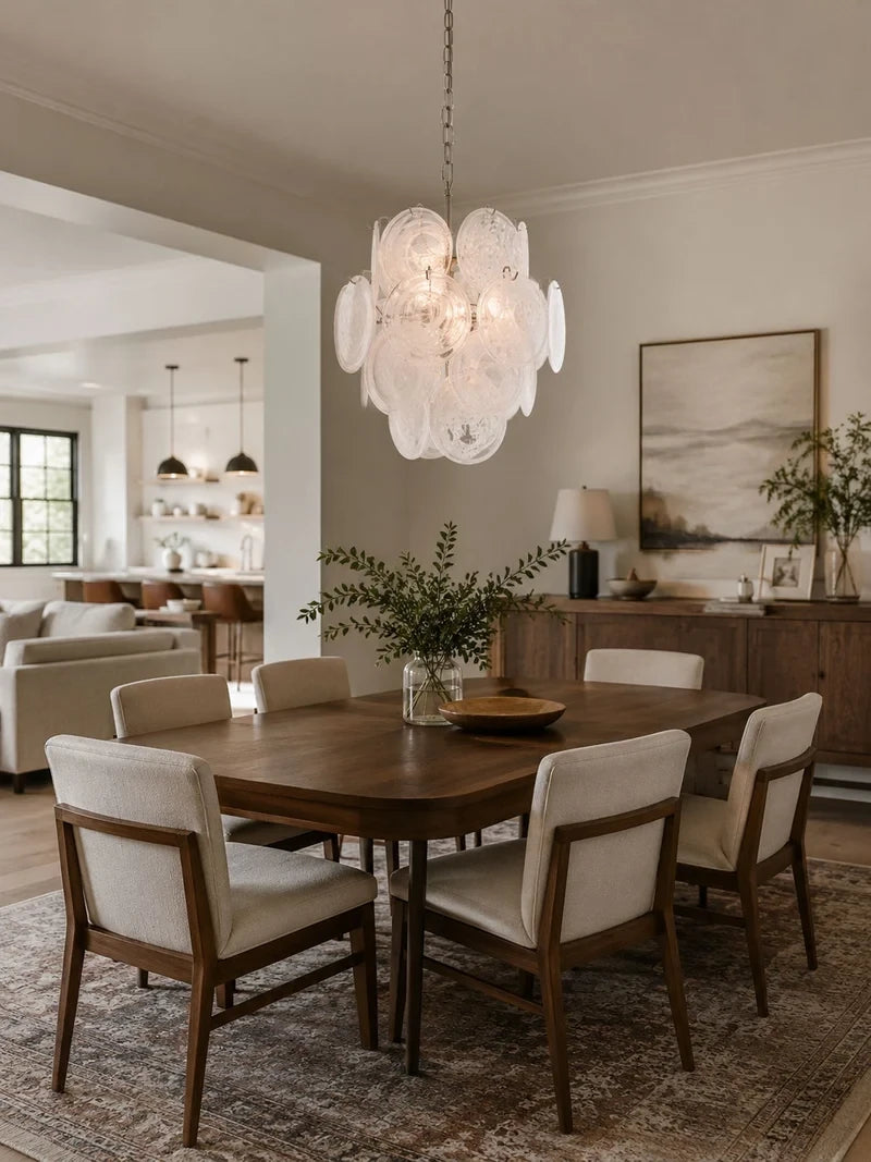 Modern White Disc Art Glass Chandelier in Elegant Dining Space