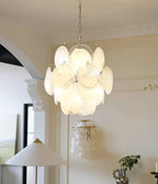 Illuminated Modern White Disc Art Glass Chandelier Studio Shot