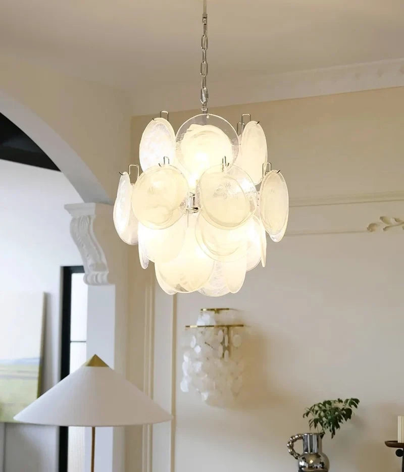 Illuminated Modern White Disc Art Glass Chandelier Studio Shot