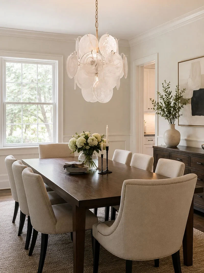 Modern White Disc Art Glass Chandelier in Formal Dining Room