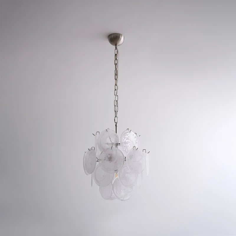 Illuminated Modern Silver and White Disc Chandelier Studio Display
