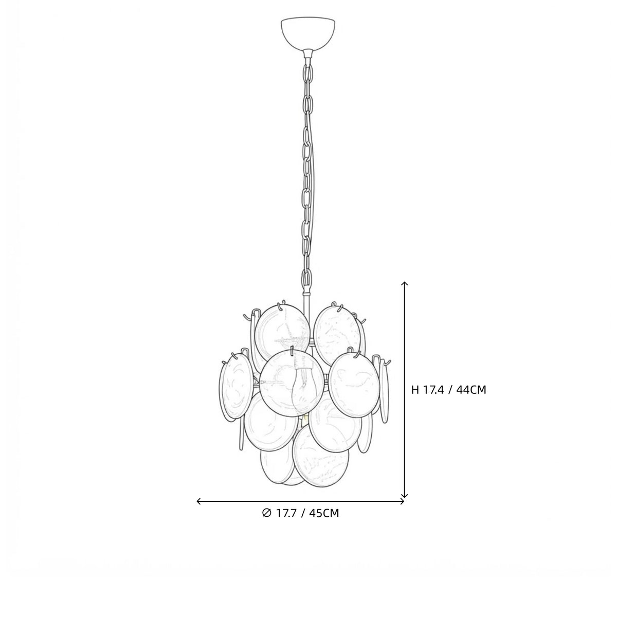 Modern Small White Disc Art Glass Chandelier Line Art Dimension Diagram