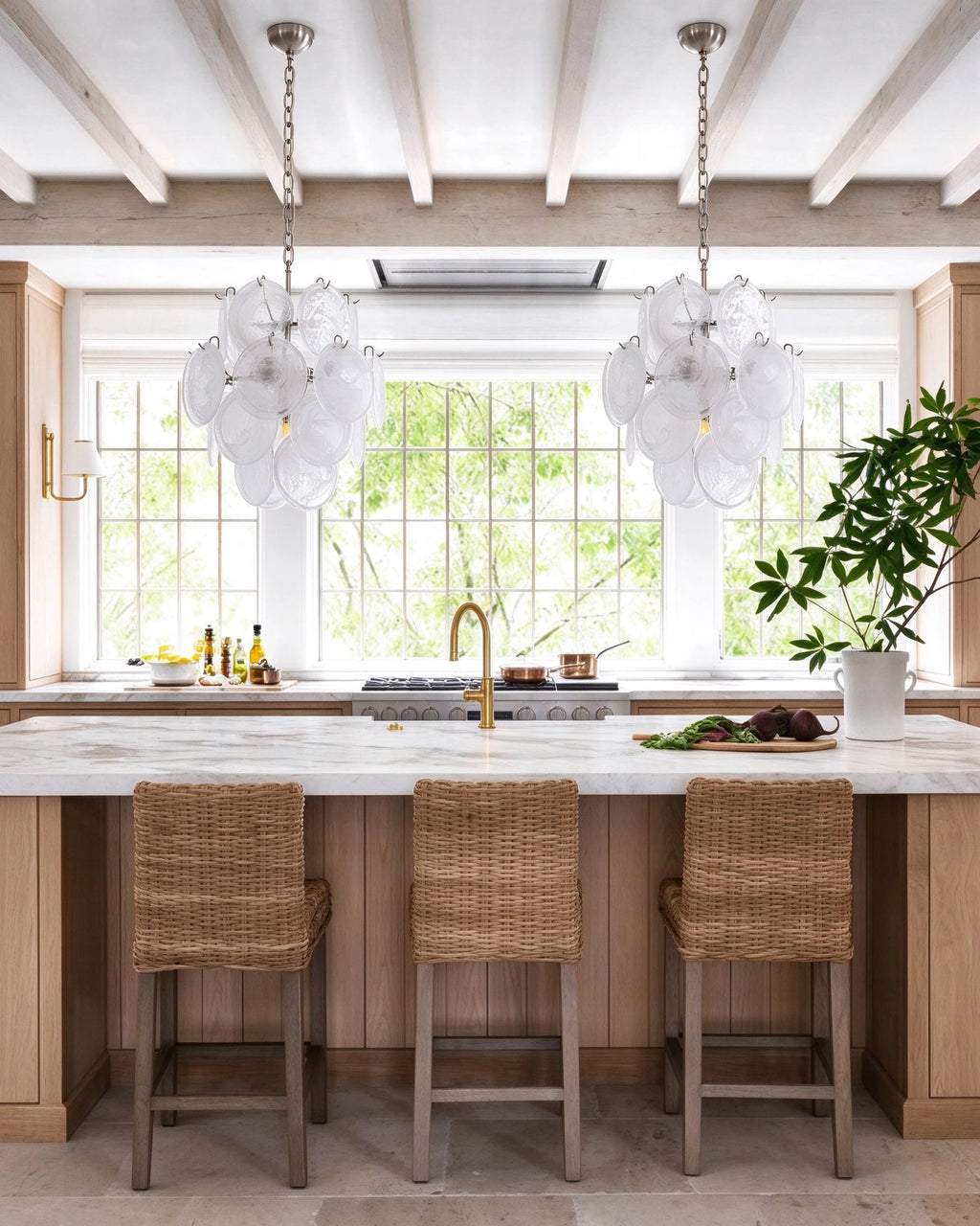 Modern White Disc Art Glass Chandelier Over Kitchen Island