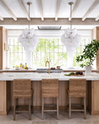 Modern White Disc Art Glass Chandelier Over Kitchen Island