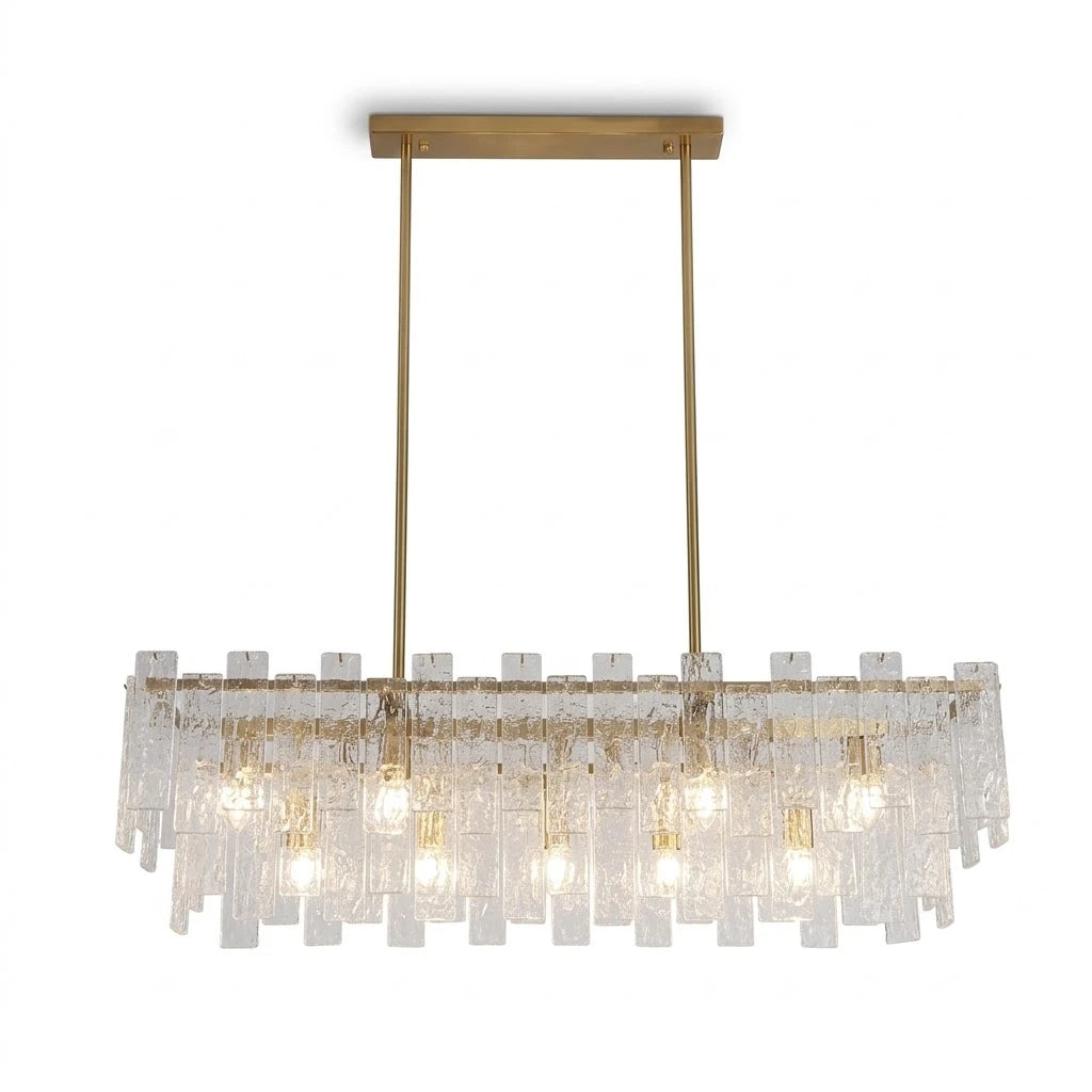 Modern Rectangular Crystal Prism Art Glass Linear Chandelier with Brass Canopy on Pure White Background