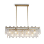 Modern Rectangular Crystal Prism Art Glass Linear Chandelier with Brass Canopy on Pure White Background