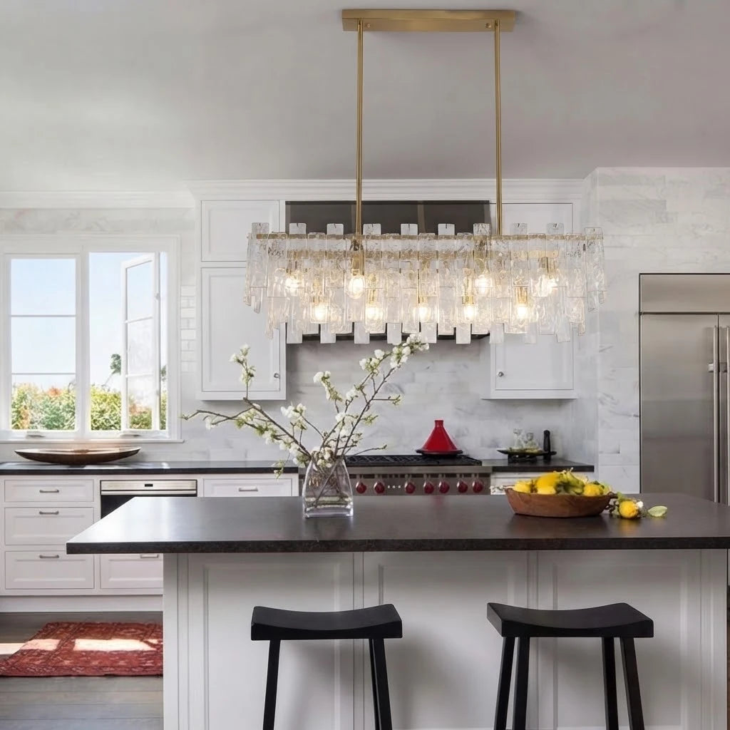 Modern Rectangular Crystal Prism Chandelier Over Kitchen Island