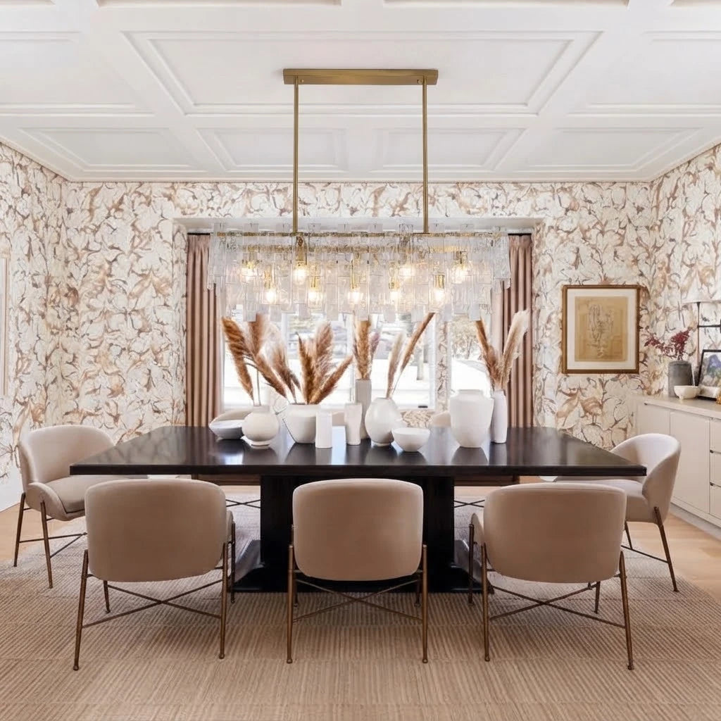 Modern Crystal Prism Art Glass Linear Chandelier in Formal Dining Room