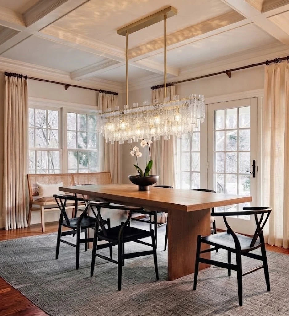 Modern Rectangular Crystal Prism Chandelier in Contemporary Dining Area