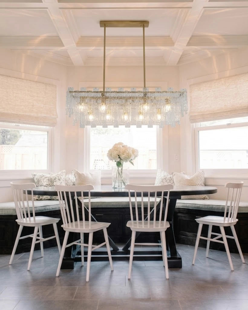 Modern Rectangular Crystal Prism Chandelier Over Dining Room Table