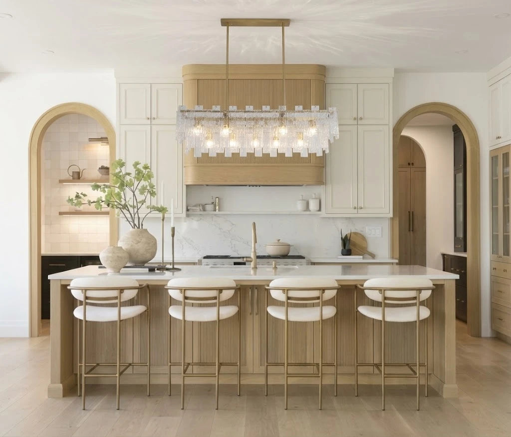 Modern Rectangular Crystal Prism Chandelier Over Kitchen Breakfast Bar