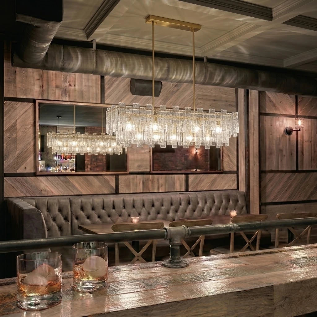 Illuminated Modern Crystal Prism Linear Chandelier in Elegant Dining Space