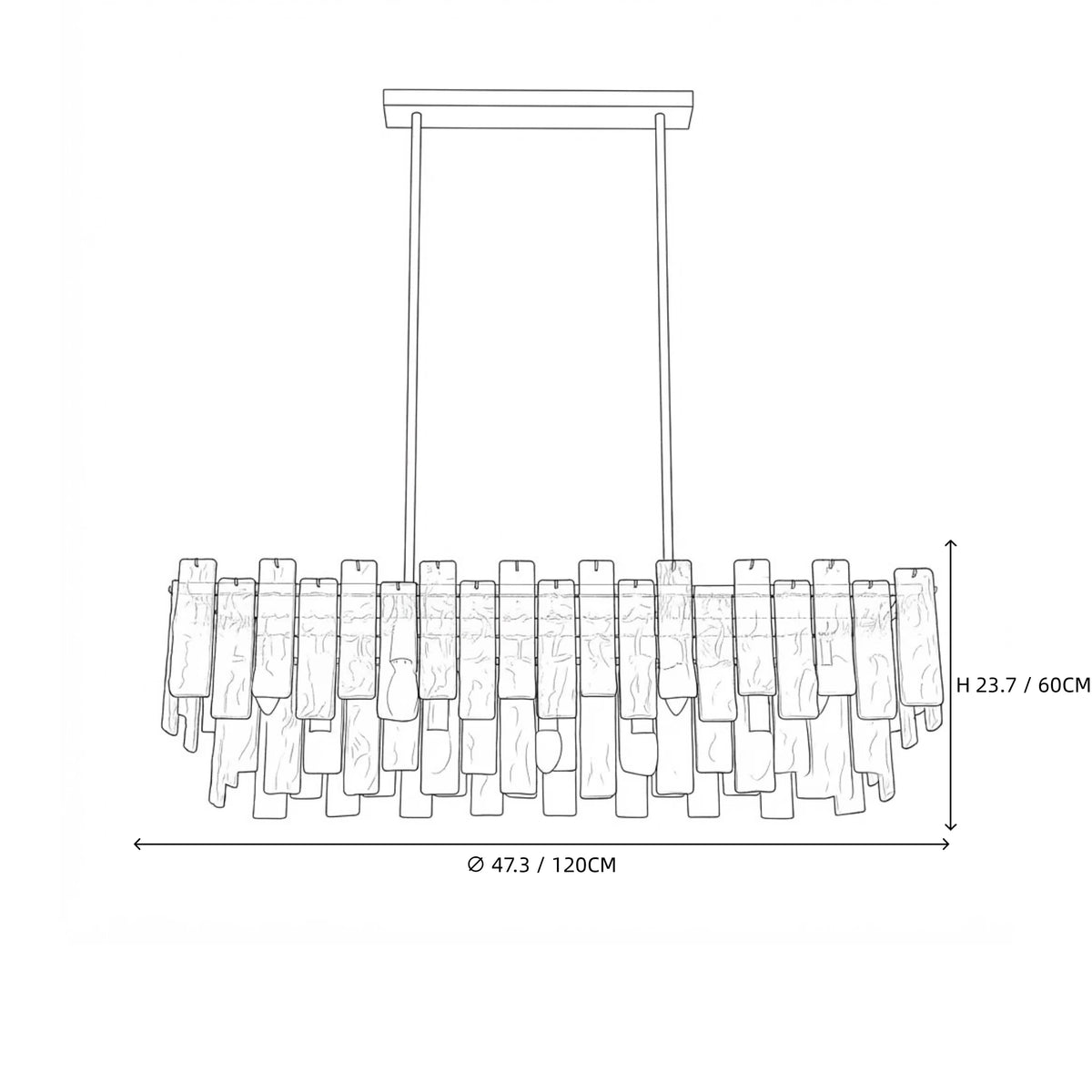 Modern Extended Rectangular Crystal Prism Chandelier Line Art Dimension Diagram