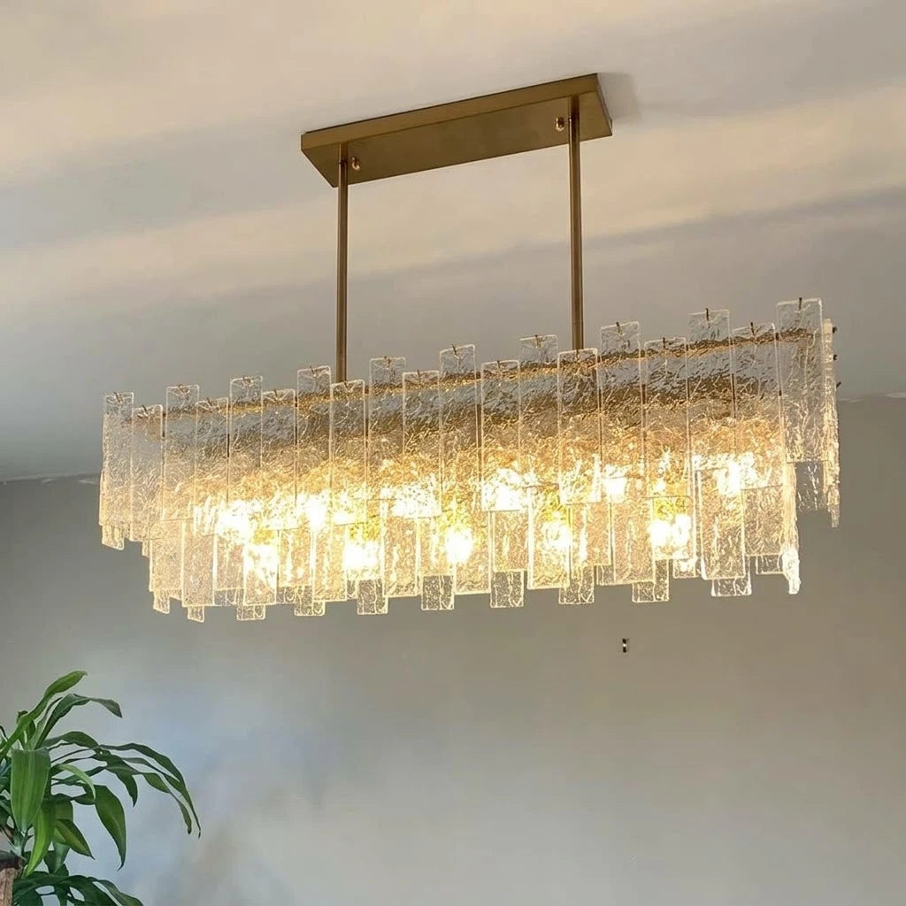 Illuminated Modern Rectangular Crystal Prism Linear Chandelier Studio Shot