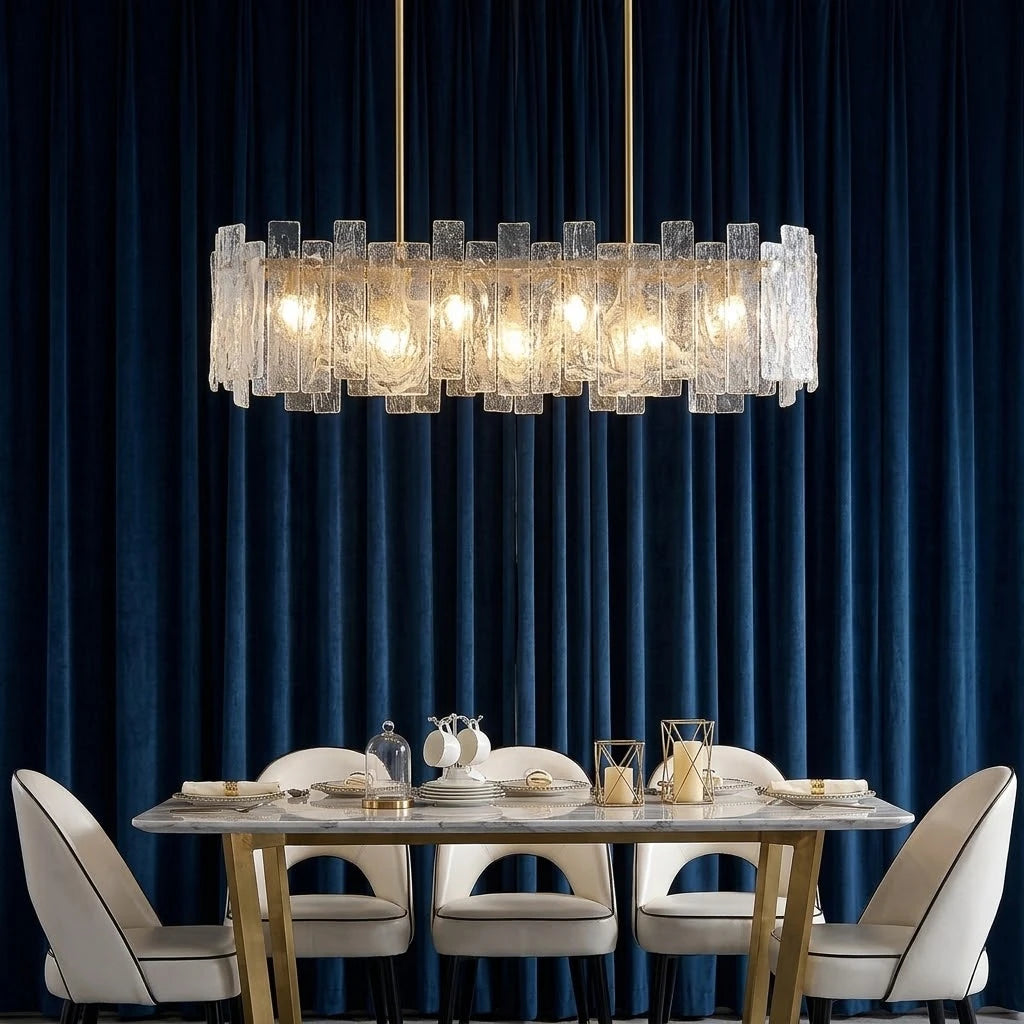 Modern Rectangular Crystal Prism Chandelier in Luxury Dining Room