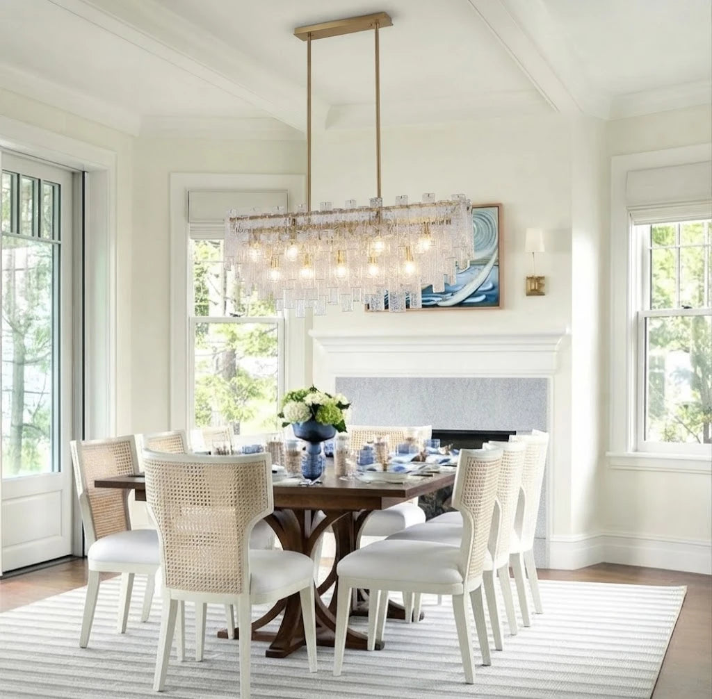 Modern Crystal Prism Art Glass Chandelier Over Dining Room Table