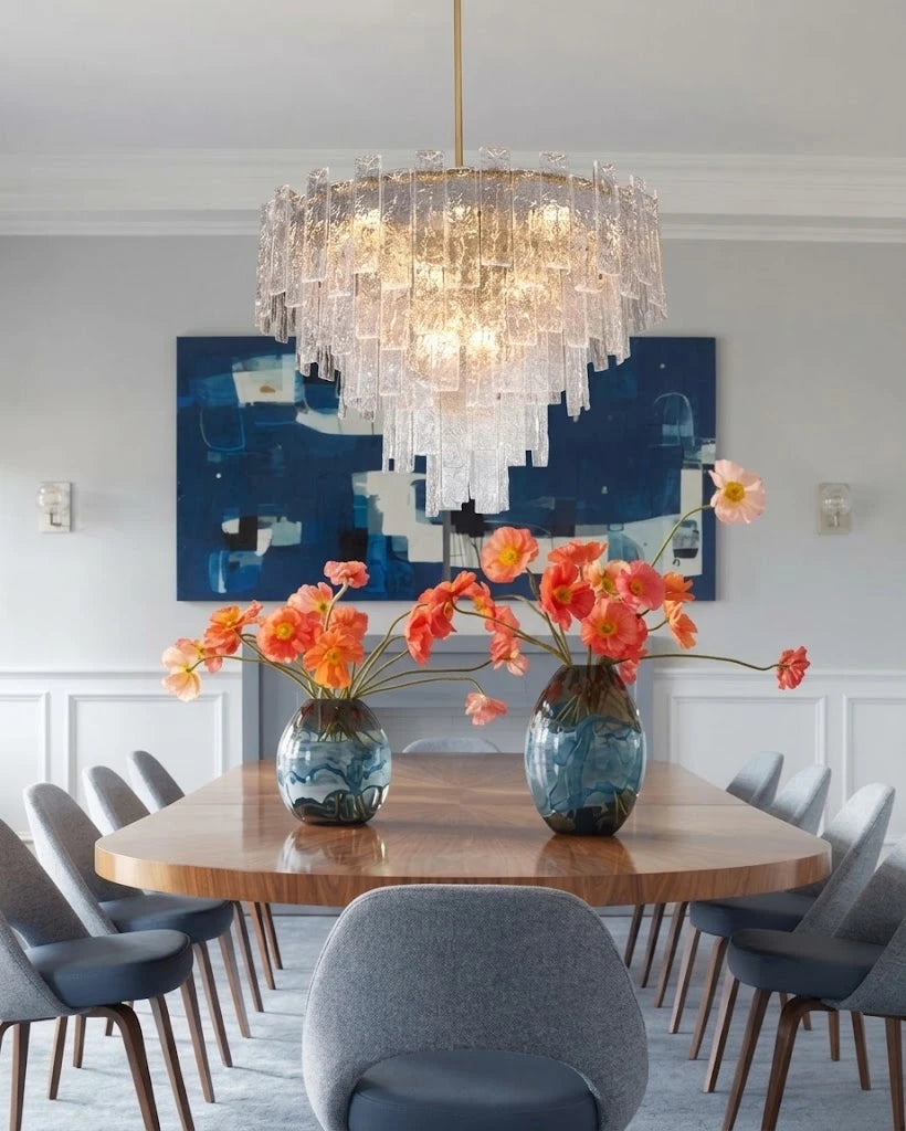 Modern Multi-Tier Crystal Prism Chandelier Over Luxury Dining Table