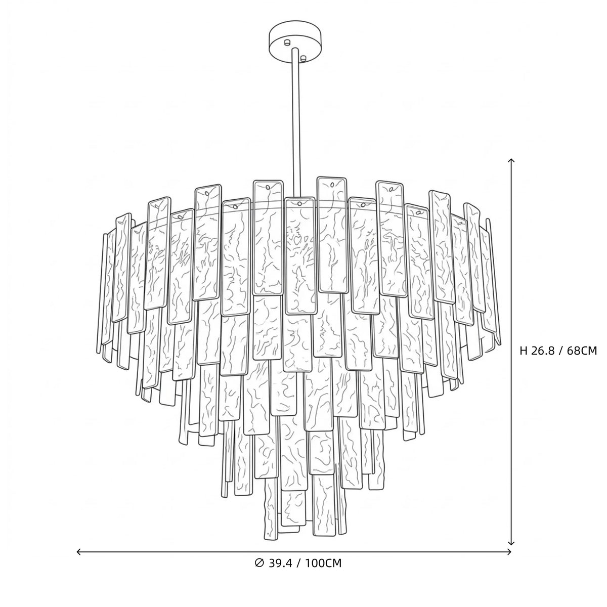 Modern Large Crystal Prism Chandelier Line Art Dimension Diagram