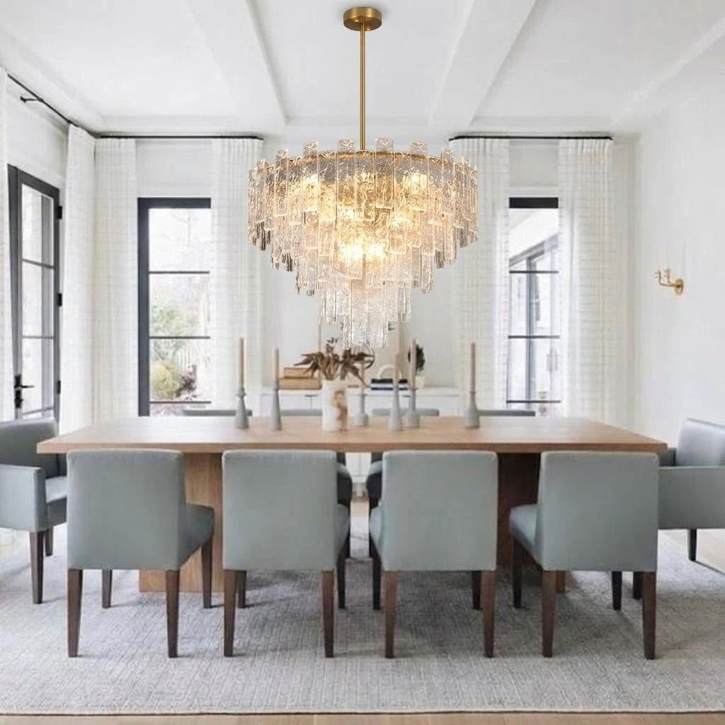 Modern Multi-Tier Crystal Prism Chandelier Over Dining Table