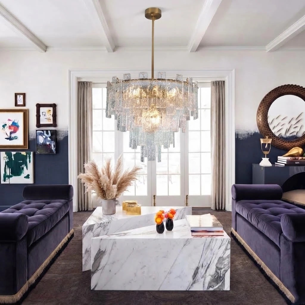 Modern Multi-Tier Crystal Chandelier in Luxury Living Room