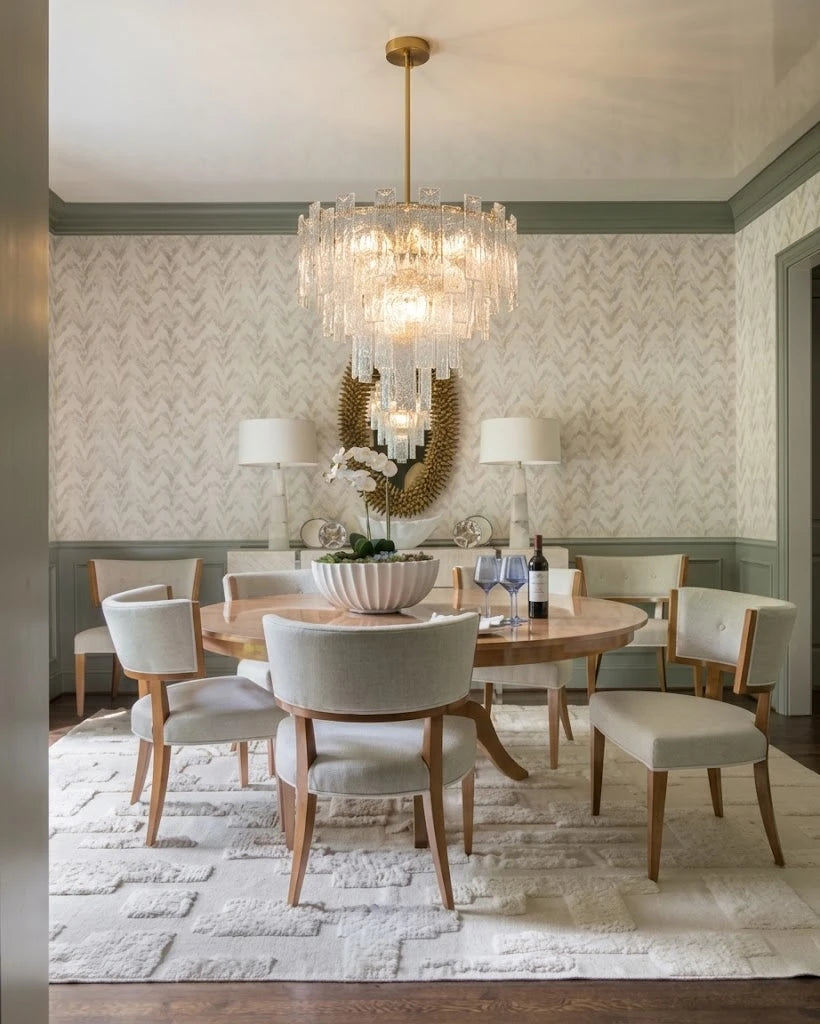 Modern Crystal Prism Art Glass Chandelier Over Round Dining Table