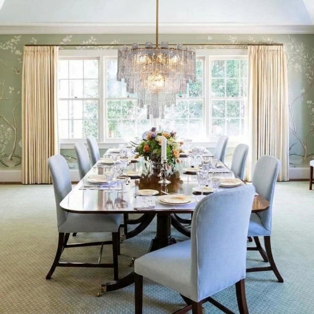 Modern Multi-Tier Crystal Chandelier Over Dining Room Table