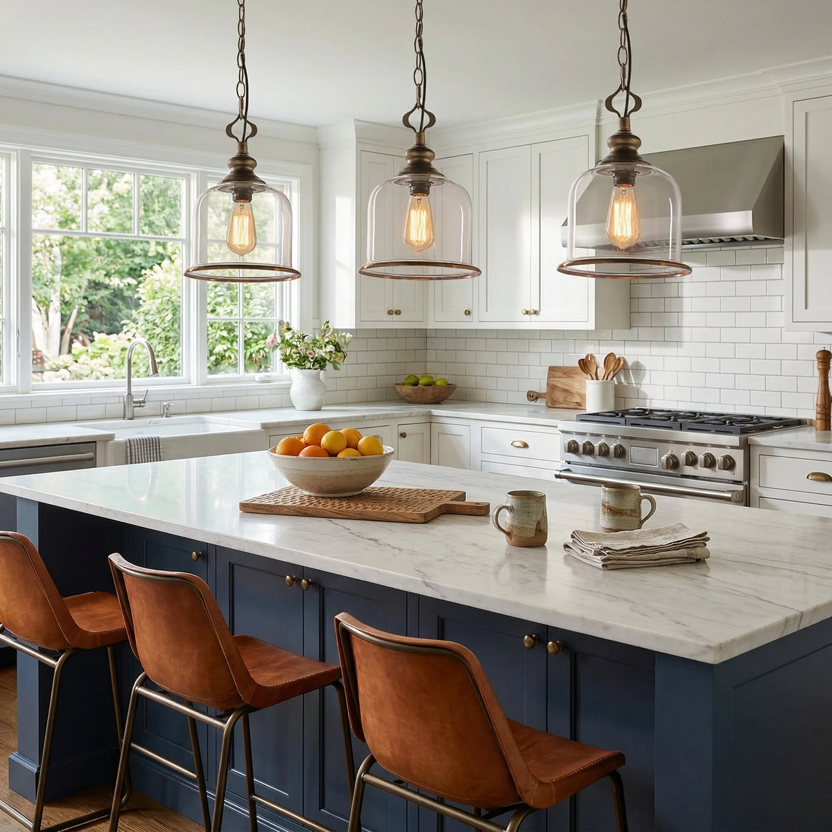 Set of Three Glass Bell Pendant Lights Over Kitchen Island