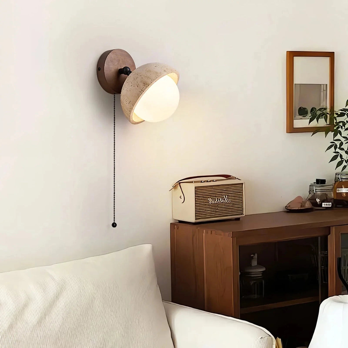 Single Travertine Reading Light Over Living Room Storage