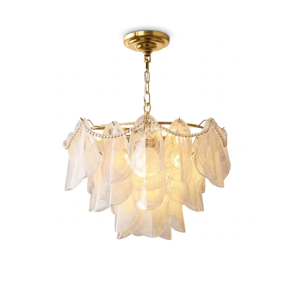 Modern Brass and Pearl Beaded Wave Feather Art Glass Chandelier with Gold Canopy on Pure White Background
