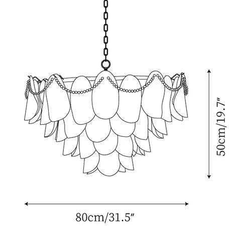 Modern Large Pearl Beaded Feather Art Glass Chandelier Line Art Dimension Diagram