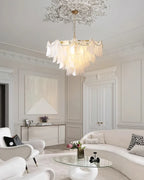 Modern Brass Pearl Beaded Feather Chandelier in Luxury Living Room