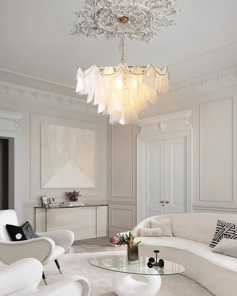 Modern Brass Pearl Beaded Feather Chandelier in Luxury Living Room