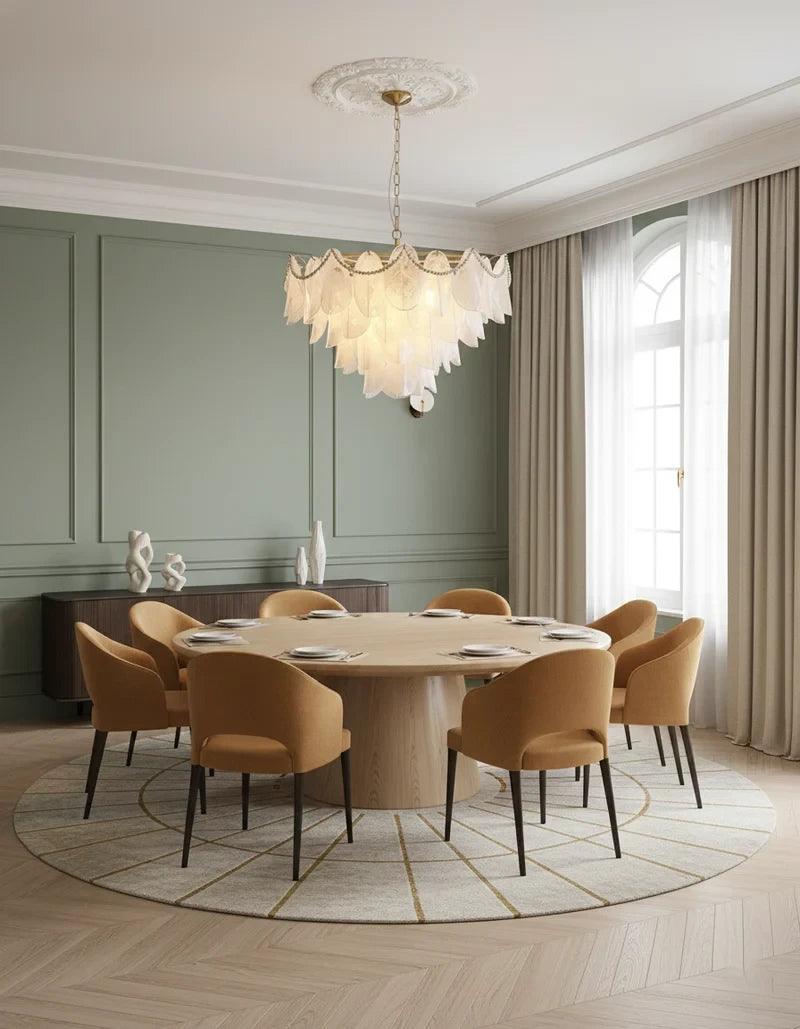 Modern Pearl Beaded Feather Art Glass Chandelier Over Round Dining Table