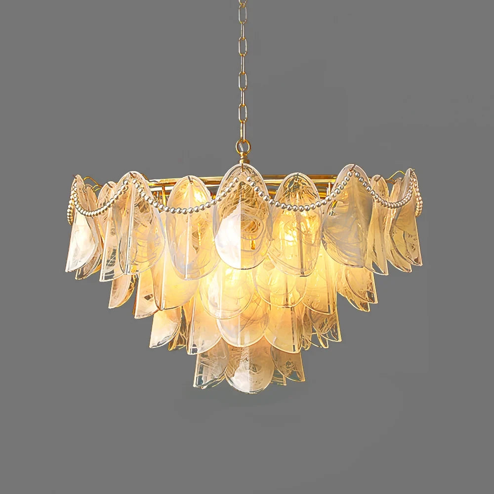 Illuminated Modern Small Brass Pearl Beaded Feather Chandelier Studio Shot