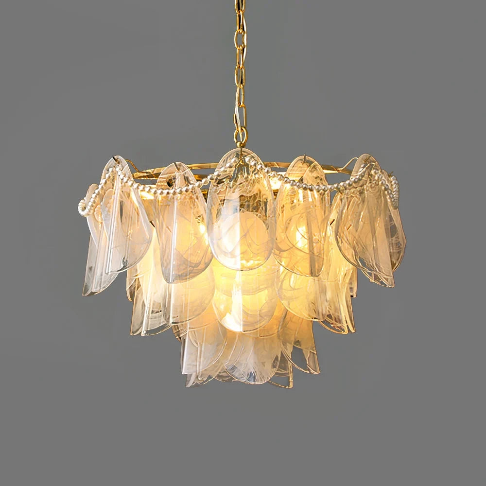 Illuminated Modern Large Brass Pearl Beaded Feather Chandelier Studio Display