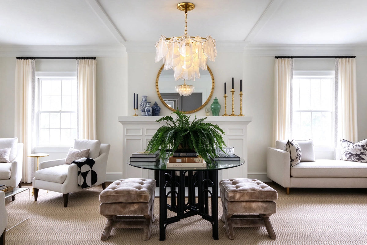 Modern Brass Pearl Beaded Feather Chandelier in Cozy Living Area