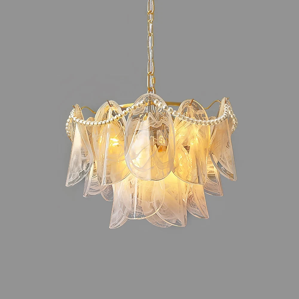 Illuminated Modern Medium Brass Pearl Beaded Feather Chandelier Studio Shot