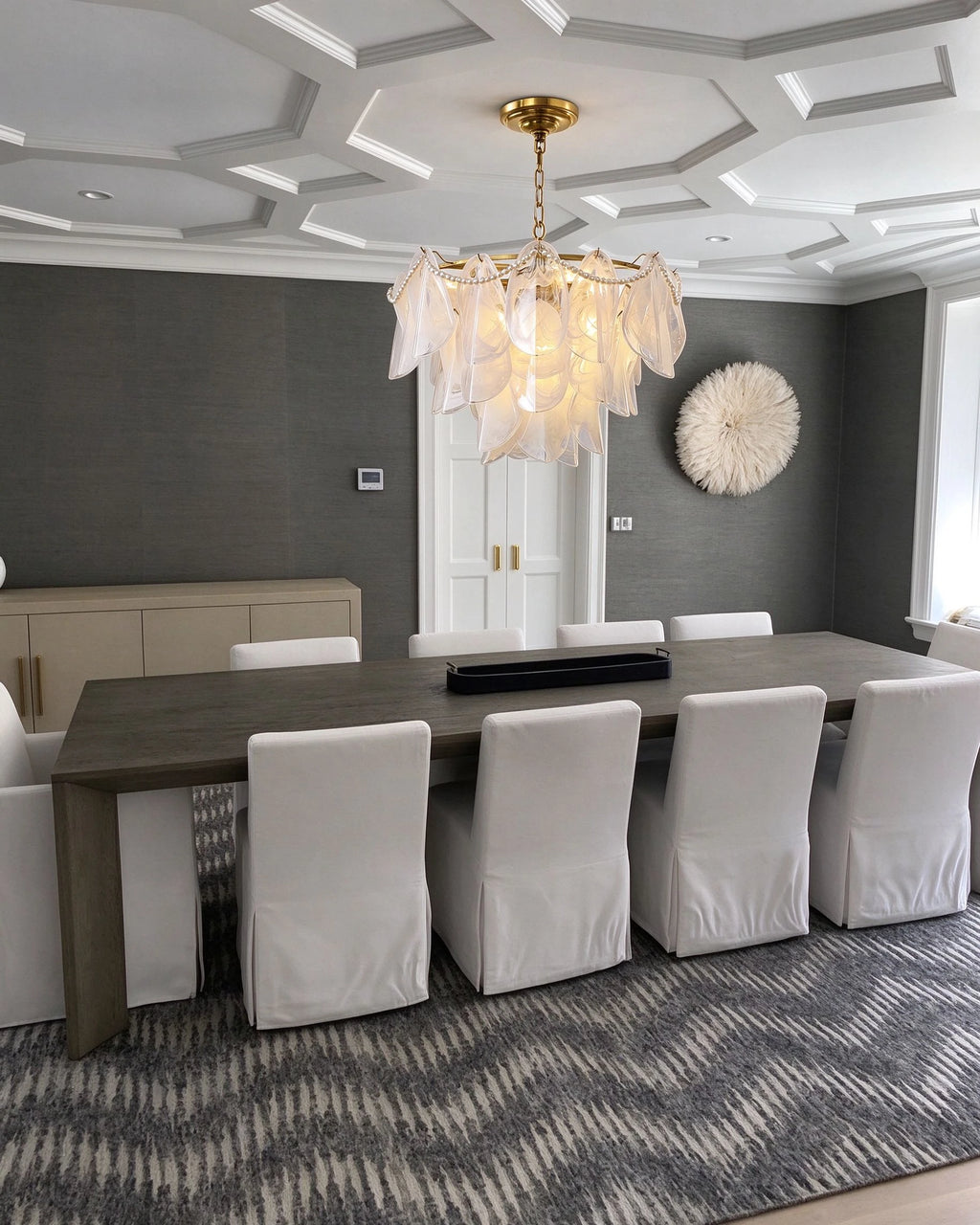 Modern Brass Pearl Beaded Feather Chandelier in Formal Dining Room