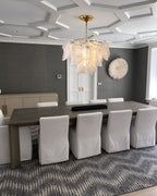 Modern Brass Pearl Beaded Feather Chandelier in Formal Dining Room