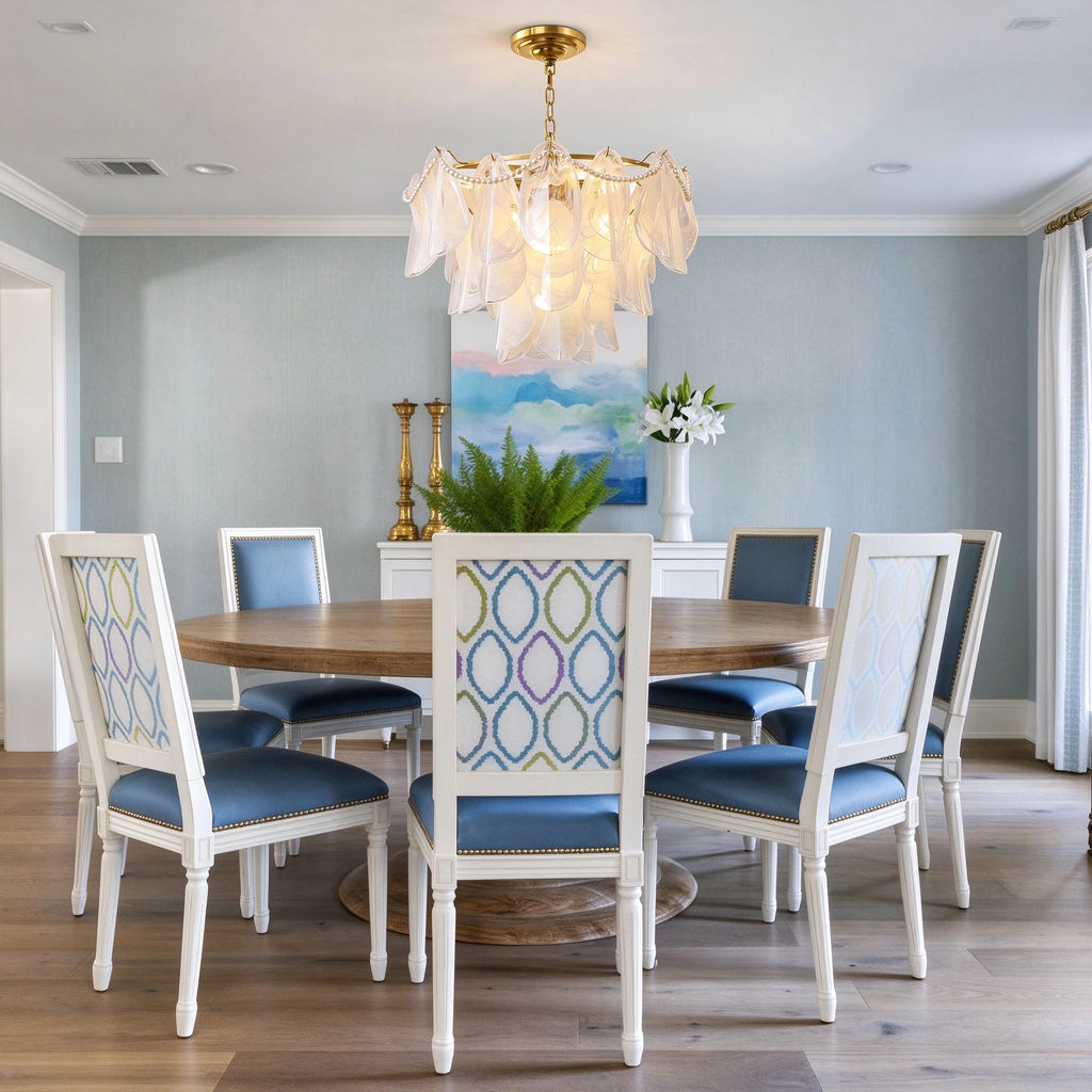 Modern Brass Pearl Beaded Feather Chandelier in Contemporary Dining Space