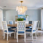 Modern Brass Pearl Beaded Feather Chandelier in Contemporary Dining Space