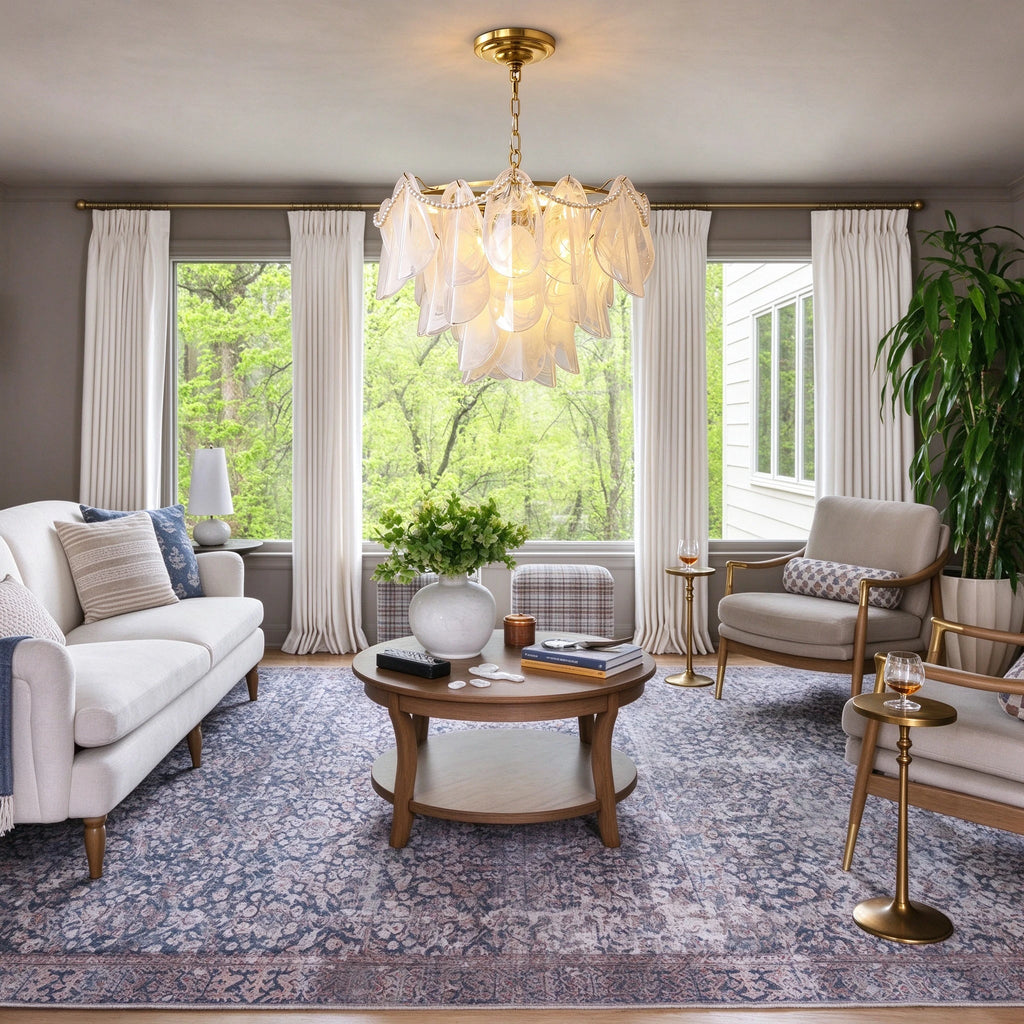 Modern Brass Pearl Beaded Feather Chandelier in Stylish Living Room