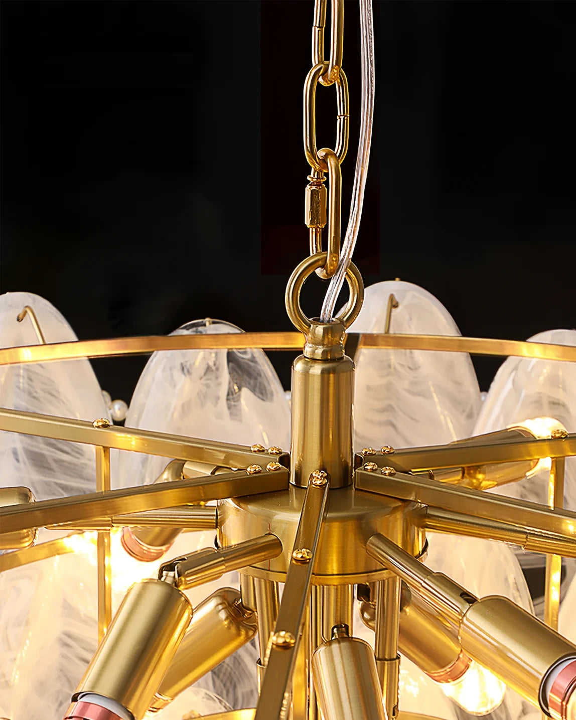 Close Up View of Brass Central Frame and Multiple Lampholder Structure