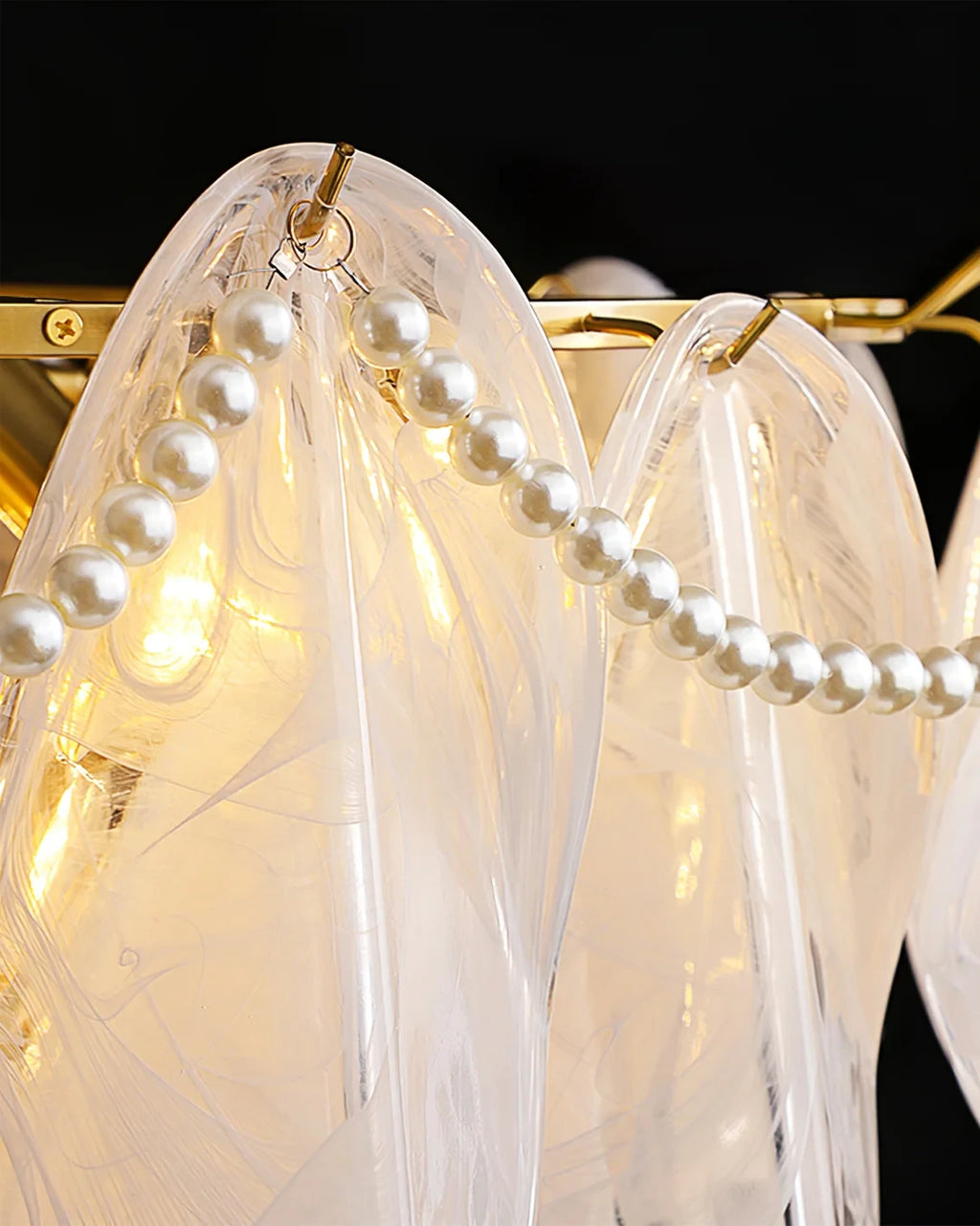 Close Up View of Wave Feather Glass Petals and Pearl Beaded Fringe Details