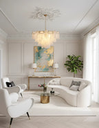 Modern Brass Pearl Beaded Feather Chandelier in Elegant Living Space